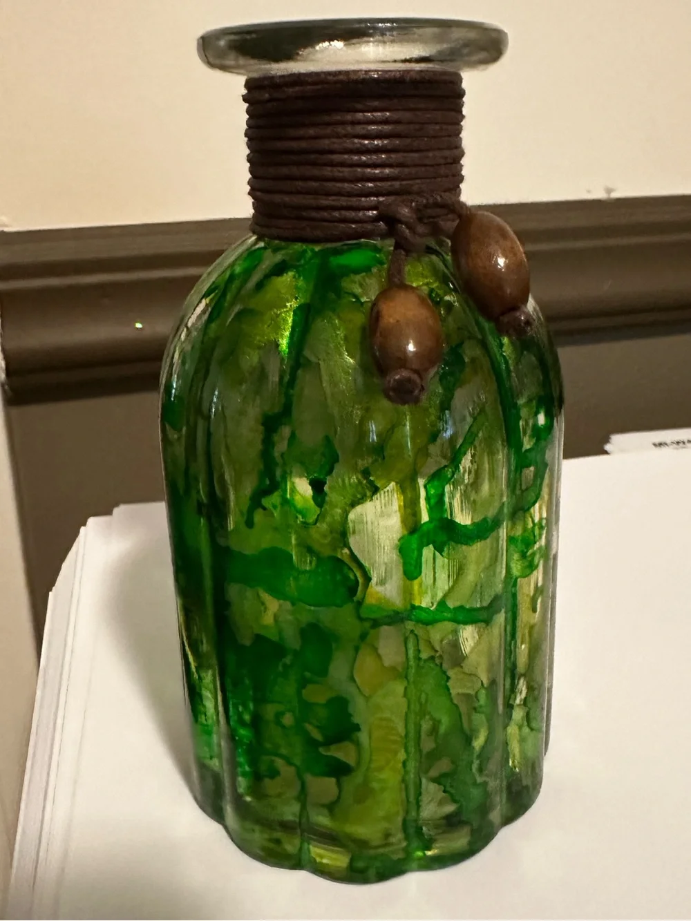 Hand crafted Green Decorative Glass Bottle Vase with Rope Accent